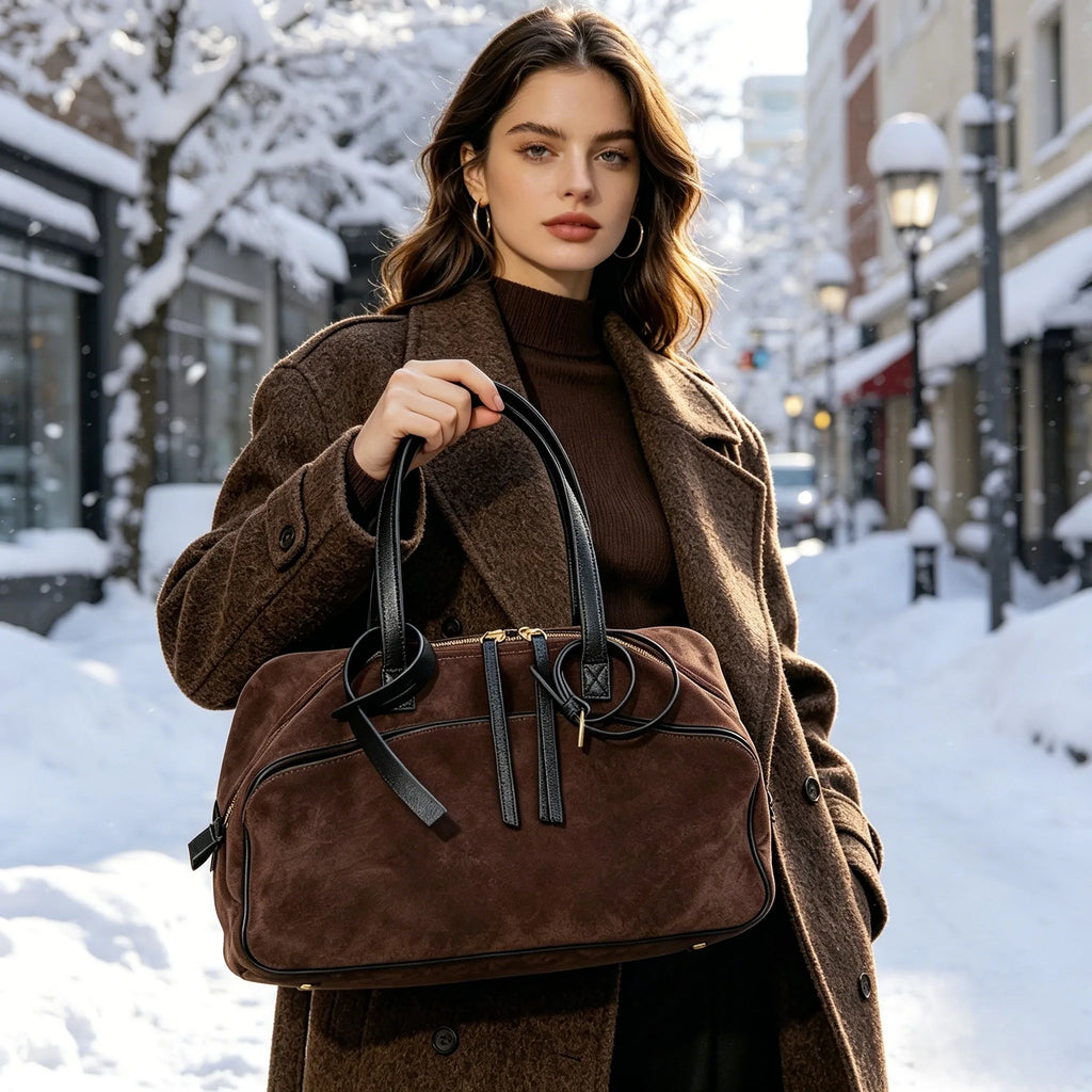 The Harlowe Day Tote in suede cowhide with leather handles by Maison Harlowe