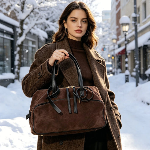 The Harlowe Day Tote in suede cowhide with leather handles by Maison Harlowe