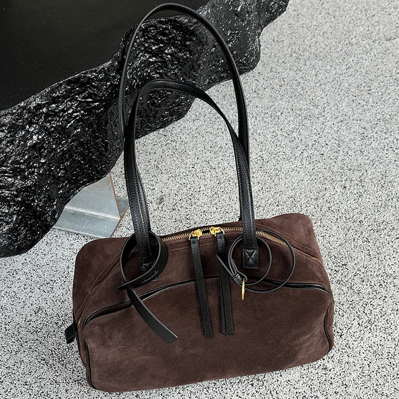 The Harlowe Day Tote in suede cowhide with leather handles — view 6
