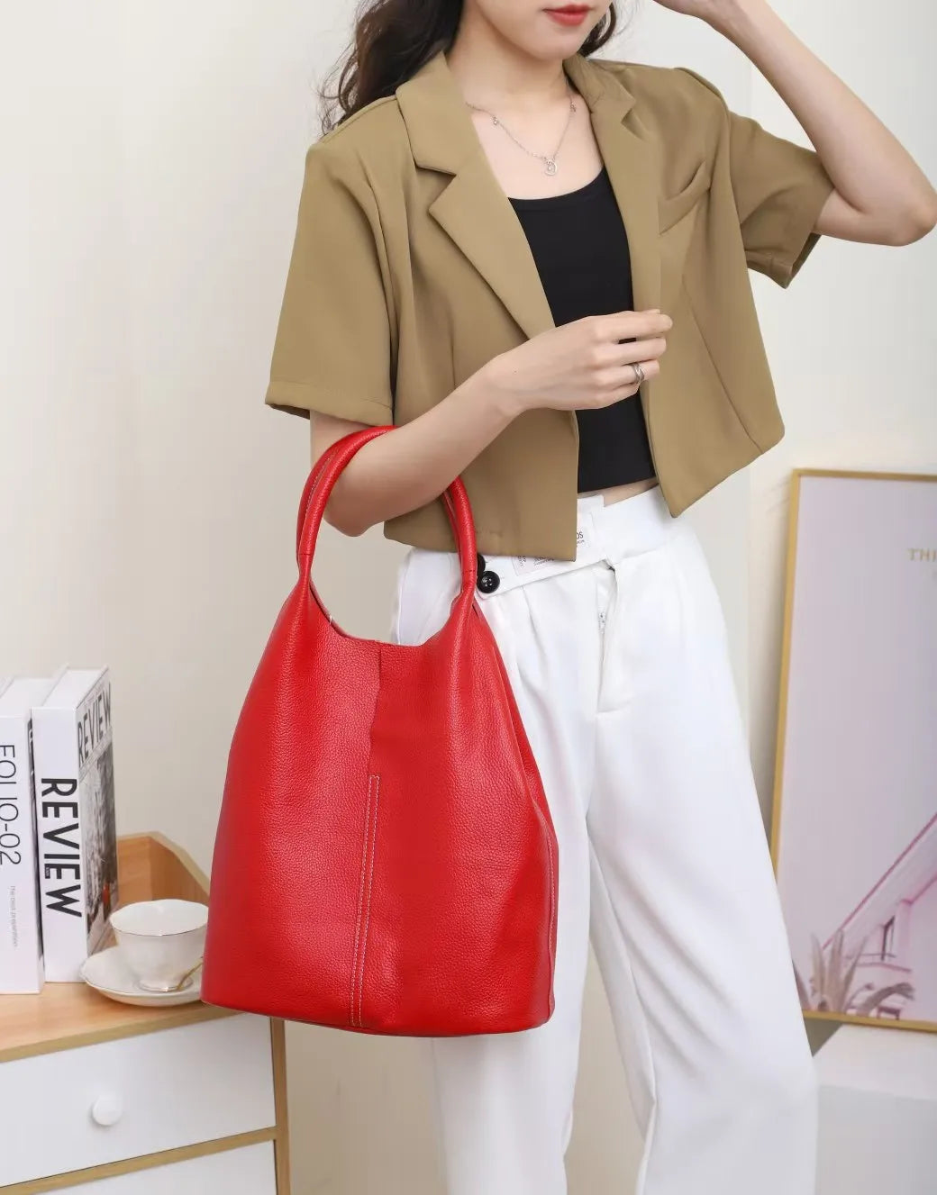 The Commuter Tote in full-grain cowhide leather — view 6