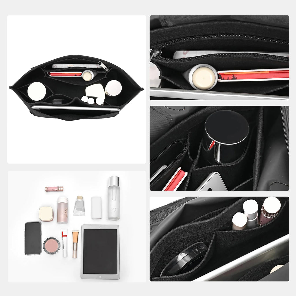 The Insert Organiser in use — close-ups of the zip pocket, bottle pocket and cosmetics compartments, Maison Harlowe