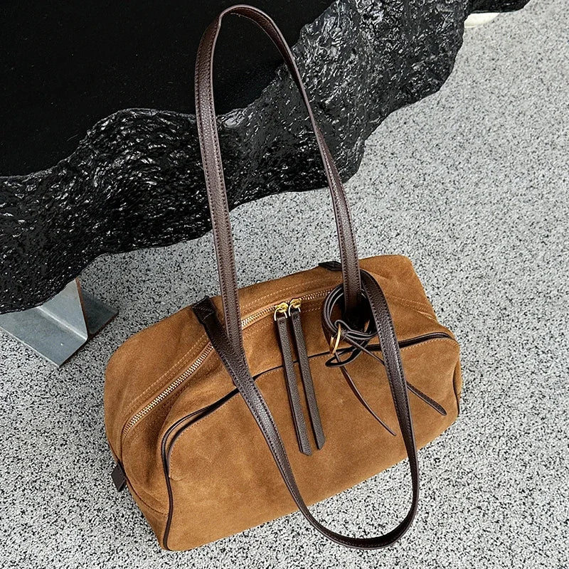 The Harlowe Day Tote in suede cowhide with leather handles — view 5