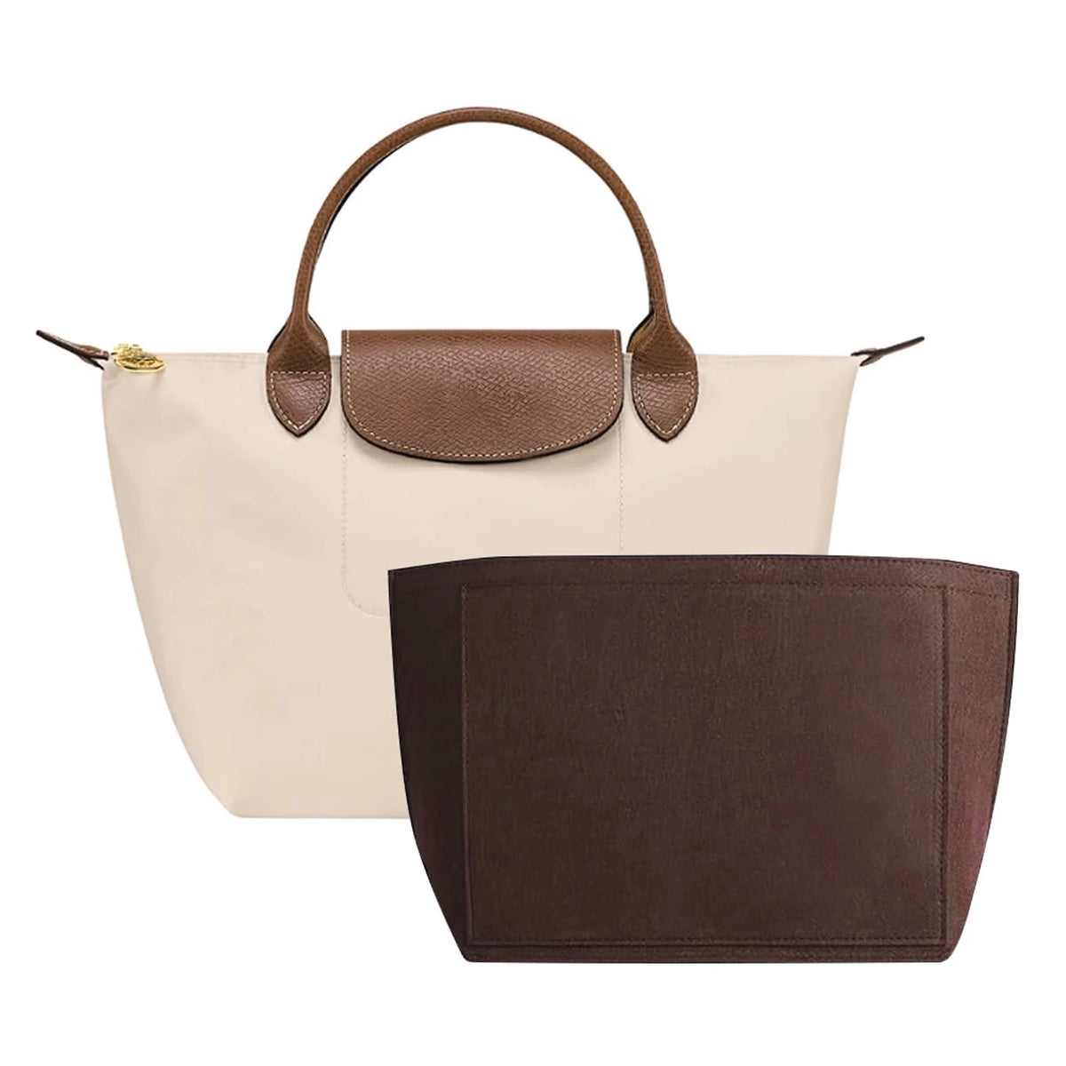 Felt bag organiser insert placed inside a handbag, holding a phone, purse and keys in separate compartments