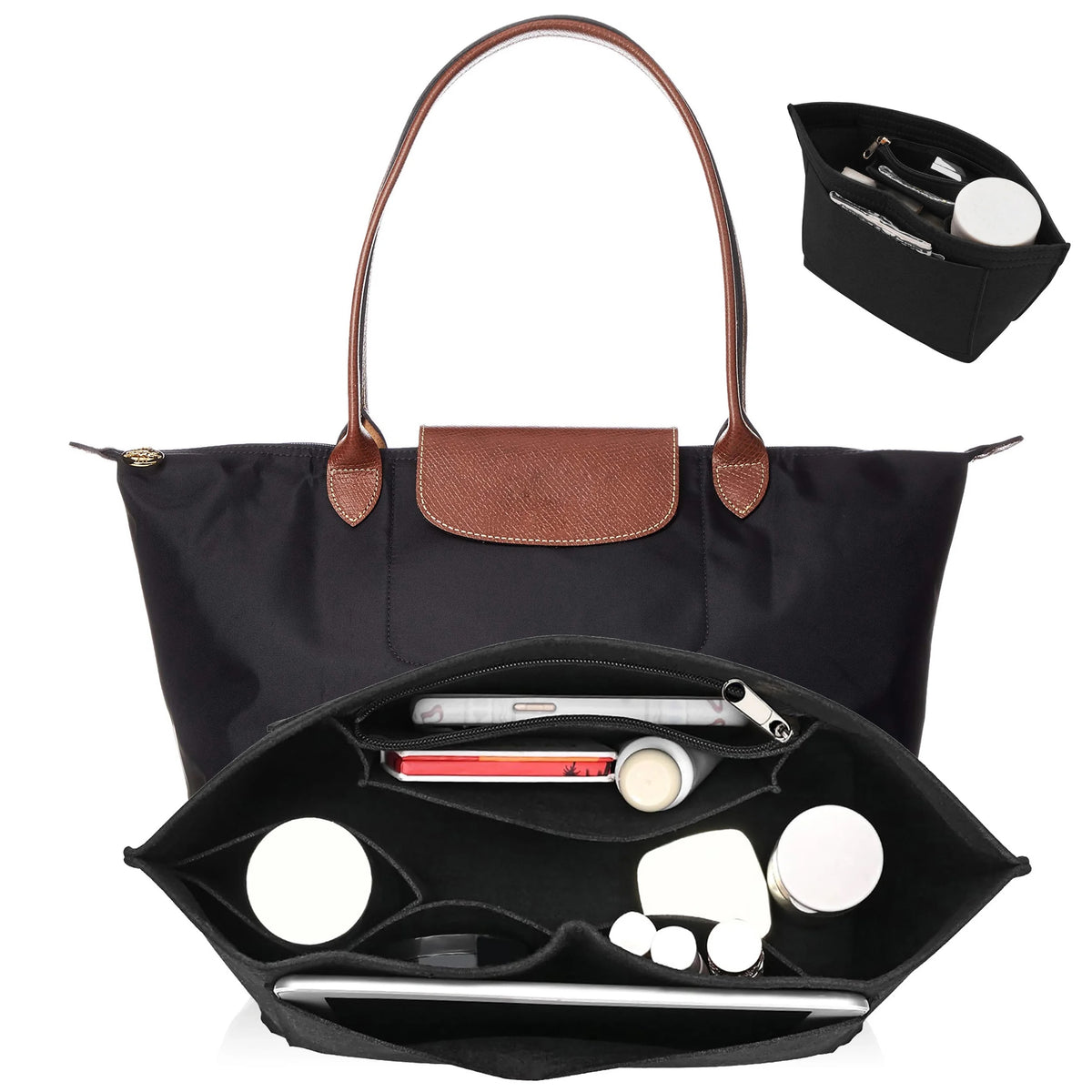 The Insert Organiser sitting inside a black tote, holding a phone, notebook, bottle and cosmetics in separate compartments — bag not included