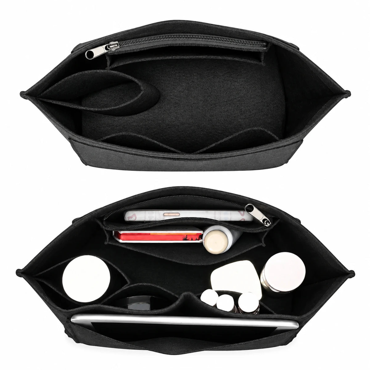 The Insert Organiser empty and filled — zip pocket, bottle pocket and open compartments in pressed felt, Maison Harlowe