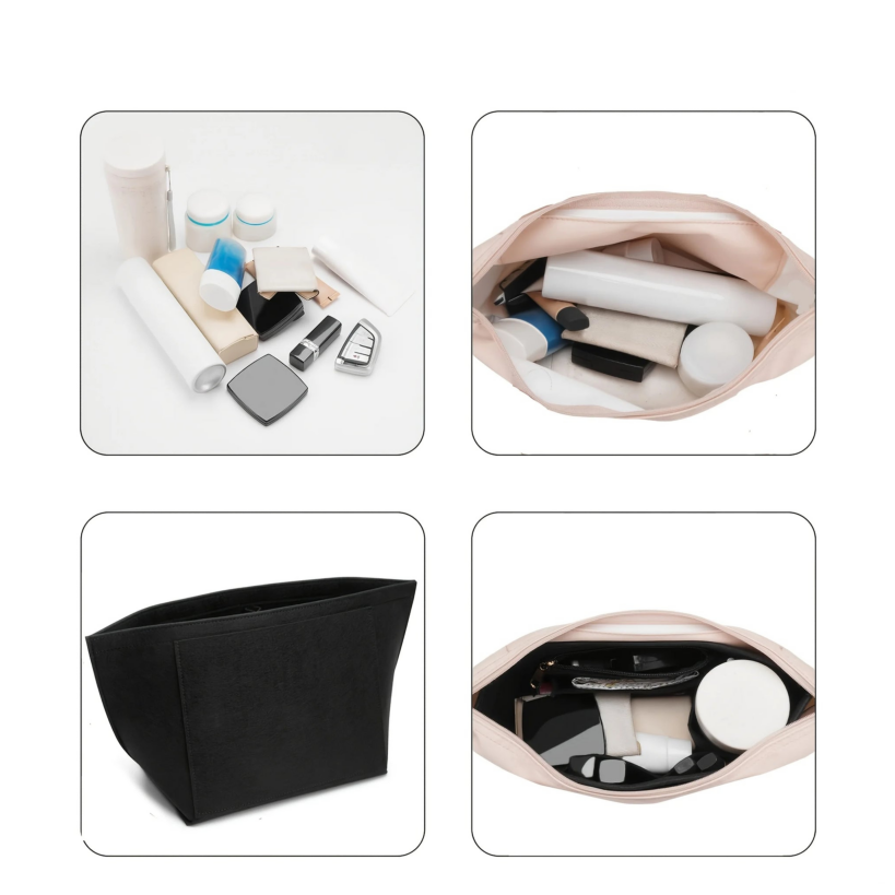 Everyday items loose in a bag, and the same items held in place by the Insert Organiser — Maison Harlowe