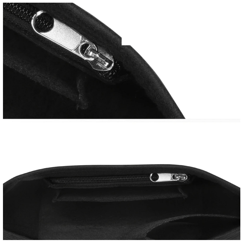 Close-up of the metal zip and interior pockets of the Insert Organiser — Maison Harlowe